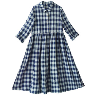 5折【圆舞曲】复古怀旧蓝衬衫领连衣裙女夏季方格子亚麻系带长裙