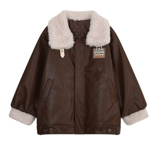 YUZI皮衣棉服外套加厚蛋白皮羊羔毛领复古甜酷宽松冬季大码女装