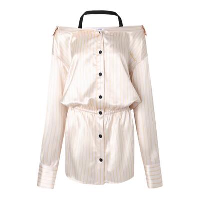 JAC FLEURANT秋季新品条纹挂脖缎面女士连衣裙香槟色蓝色