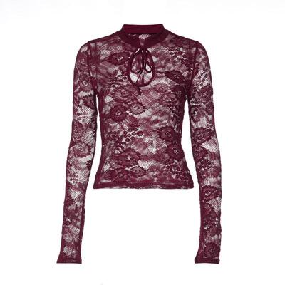 性感镂空系带蕾丝长袖上衣