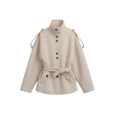 羊毛绑带收腰大衣加厚立领外套