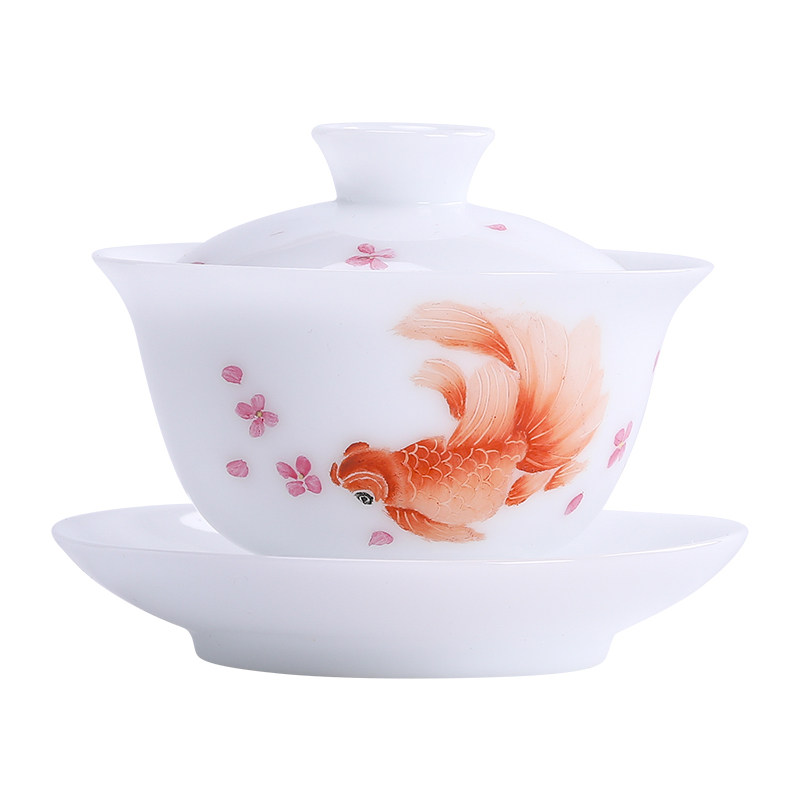 桃李芬芳茶具套装冰种玉瓷手绘