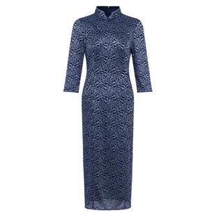 黛玛诗显瘦花裙子秋季气质国风蓝色素雅蕾丝旗袍连衣裙女