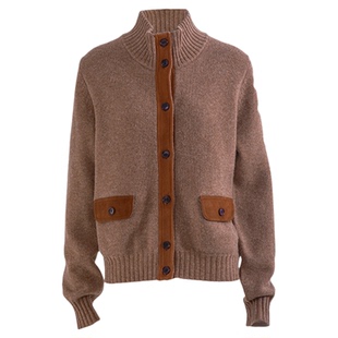 Orchel/欧榭丽老钱复古百搭美丽诺羊毛拼接纽扣女长袖针织衫外套