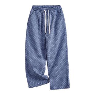 马登工装美式复古满印提花水洗丹宁牛仔裤直筒垂感休闲长裤子男春