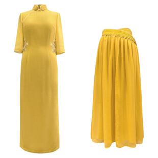 浒城古娘新款醋酸奥黛气质两件套装新中式国风改良旗袍连衣裙女夏