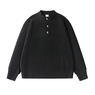黑色亨利领半开衫毛衣男生2025新款秋季宽松百搭慵懒风针织上衣