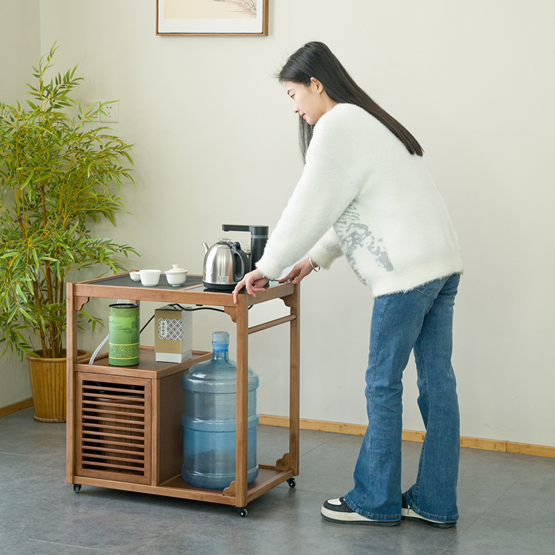 祥福纳福移动茶桌家用小茶台楠竹茶车烧水壶一体茶水柜茶边几收纳