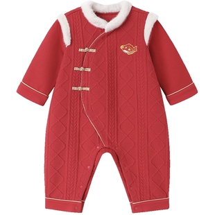 英氏婴儿连体衣服秋冬保暖女宝宝新中式过年喜庆拜年服新年红色