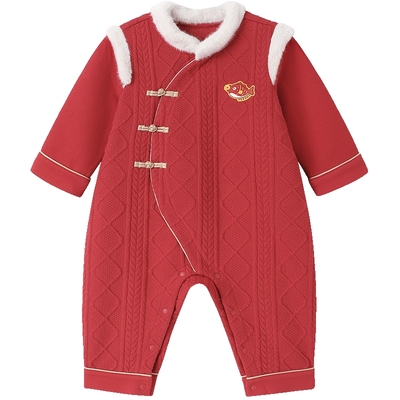 英氏婴儿连体衣服秋冬保暖女宝宝新中式过年喜庆拜年服新年红色