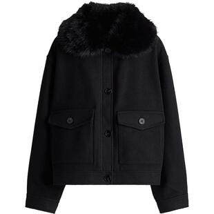 HM女装短外套春季毛茸领冬装保暖宽松长袖开衫短款大衣1250910