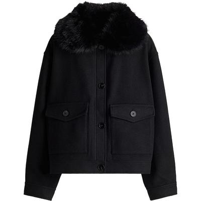 HM女装短外套冬季毛茸领冬装保暖宽松长袖开衫短款大衣1250910