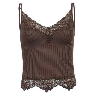 蕾丝花边拼接坑条深V吊带小背心