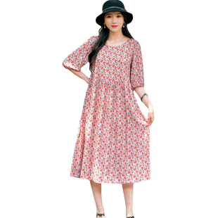 碎花棉绸连衣裙女夏季2026新款时尚宽松大码中长款造棉印花长裙子