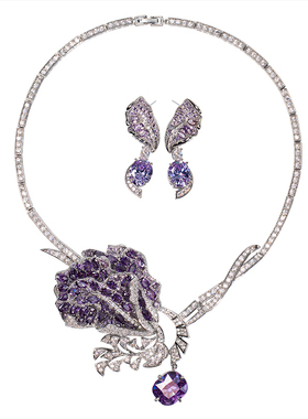 法式复古花朵锆石项链耳环套装