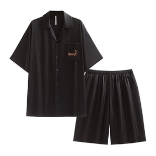 悦内凉感睡衣男款夏季夏天款冰丝绸短袖短裤家居服男士黑色可外穿