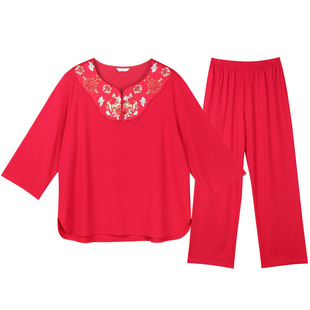 仕乐女士滑爽棉家居服套装七分袖红色本命年马年中式睡衣礼物结婚