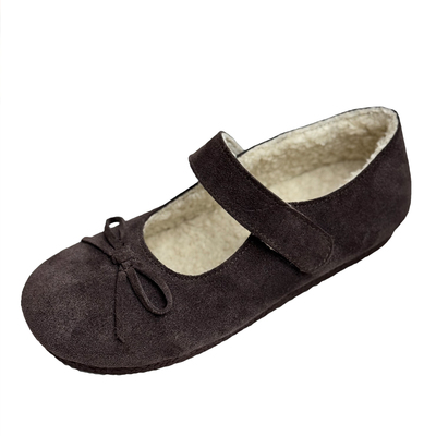 冬季真皮玛丽珍鞋女魔术贴蝴蝶结单鞋加绒加厚保暖棉鞋平底女鞋