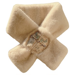 重工刺绣玉扣交叉毛领围脖女冬季保暖中国风毛绒围巾配汉服复古装