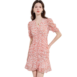 中长款雪纺连衣裙女2026夏季新款碎花裙小个子简约短袖收腰A字裙