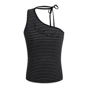 辣到中暑美式性感辣妹条纹拼接贴钻绑带挂脖背心女修身短款上衣潮