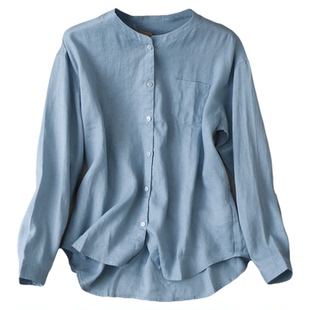 温柔色系~1oo全亚麻衬衫长袖上衣女休闲微廓形显瘦半高小圆领秋季