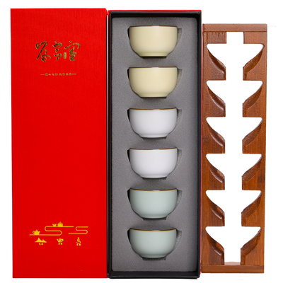高端天青三色汝窑茶杯套装6只品茗杯家用功夫茶具茶碗主人杯陶瓷