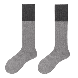 purpleguys纯棉灰色小腿袜子女秋冬竖纹显瘦格雷系拼色堆堆长筒袜