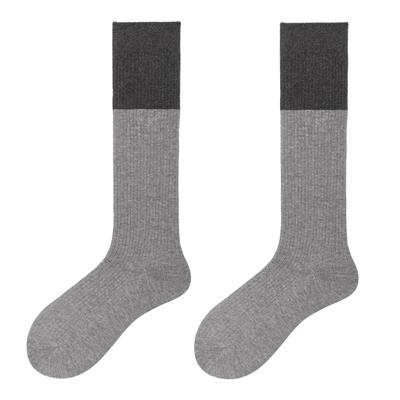 purpleguys纯棉灰色小腿袜子女秋冬竖纹显瘦格雷系拼色堆堆长筒袜