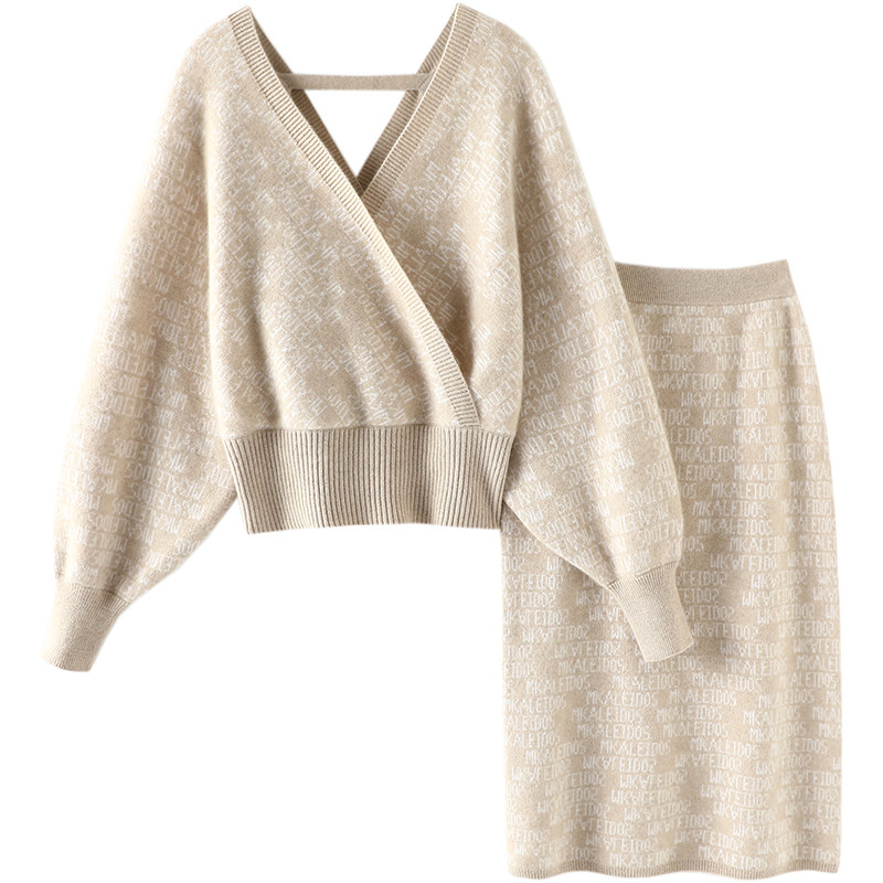 豪门贵太！提花V领蝙蝠袖羊绒衫女羊绒毛衣宽松半身裙子加厚套装