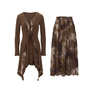 马天奴2026春夏新款咖色花边修身开衫植绒半身裙半裙子两件套装女