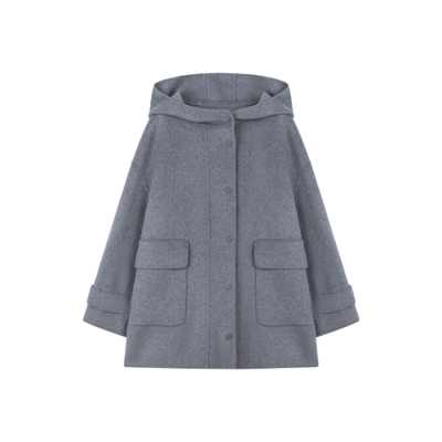 连帽大口袋双面呢大衣