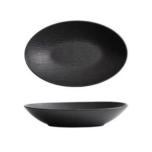 高级感船形陶瓷菜盘黑色盘子家用椭圆深盘鱼盘仪式感磨砂餐厅餐具