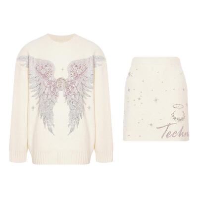 TCH烫钻气质百搭绵羊毛套头针织衫A字短裙女时尚套装T75D07E1065