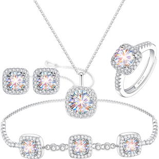 纯银莫桑石莫桑培育钻方糖小银项链戒指钻戒女款女士女生女送女友