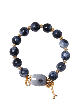 天然和田玉新疆料聚墨青花圆珠原创搭配款手链 女款玉石手串饰品