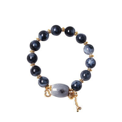 天然和田玉新疆料聚墨青花圆珠原创搭配款手链 女款玉石手串饰品