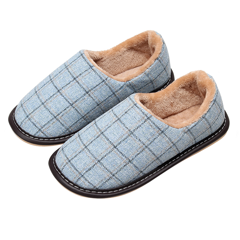 日式布艺格子棉拖鞋男秋冬季包跟室内厚底保暖防滑家居家用棉鞋女