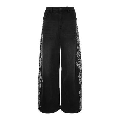 TCH时尚烫钻2025冬新款高腰显瘦阔腿黑色加绒牛仔裤女T75D20E1162