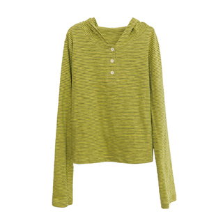 花吉B851牛油果绿长袖宽松条纹连帽T恤女2026新款春学院风上衣