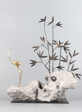 新中式仙鹤石头竹子样板间茶室酒店艺术客栈玄关禅意软装饰品摆件