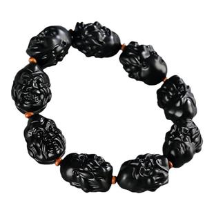 新疆和田玉黑羊脂墨玉十八罗汉手串男士天然玉石罗汉头手链手把件