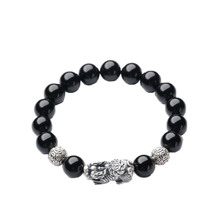 天然乌金黑曜石貔貅手串银饰配件招财本命年转运手链男女款护身符