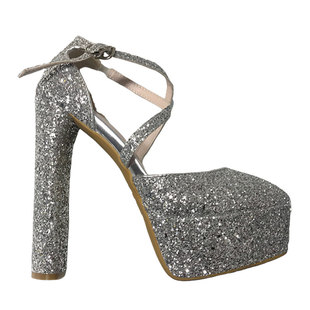 15CM粗跟银色亮片凉鞋真皮32码33码旗袍礼服晚装走秀高跟鞋2025