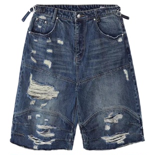 badblood美式复古破洞牛仔中裤辣妹休闲宽松直筒蓝色阔腿裤七分裤