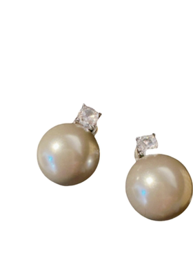 戴妃澳白珍珠耳环 强光奶白大溪地锆石纯银耳钉 真多麻贝珠耳环