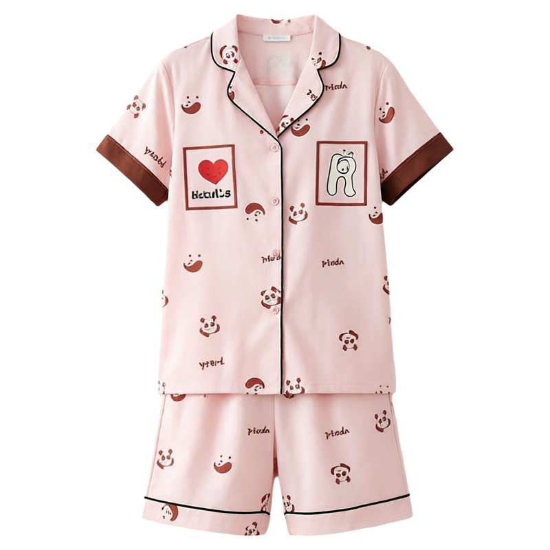 绮瑞睡衣女夏季丝绸前扣翻领短袖短裤可爱宽松大码家居服套装