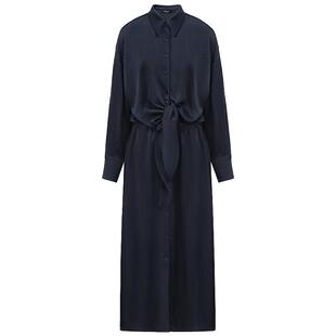 COCOBELLA光泽感缎面大摆衬衫领连衣裙女假两件长款衬衫裙FR3009