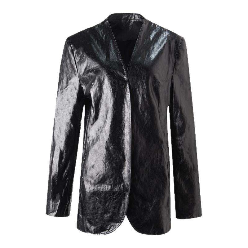 ourhour 褶皱纸感 黑色简约无领直身皮西装外套 女秋季设计感皮衣