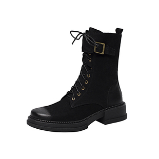 英伦风圆头皮带扣马丁靴女2026秋冬新款粗跟系带骑士靴时装靴短靴